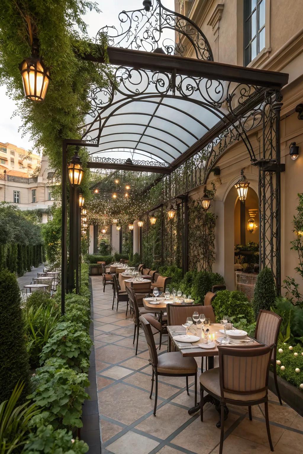 An elegant patio featuring a wrought iron cover.