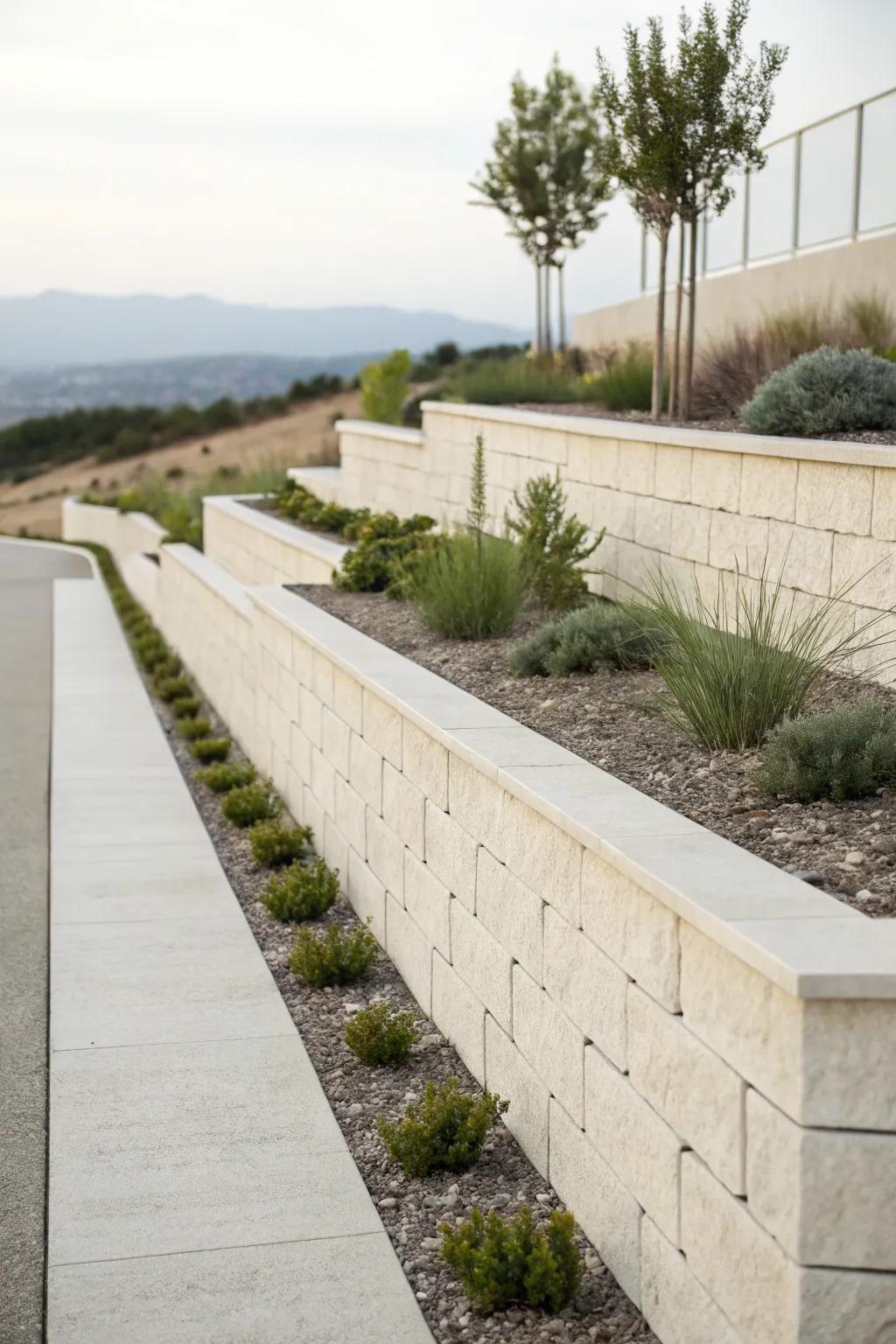 A minimalist retaining wall with clean lines, offering a modern garden aesthetic.