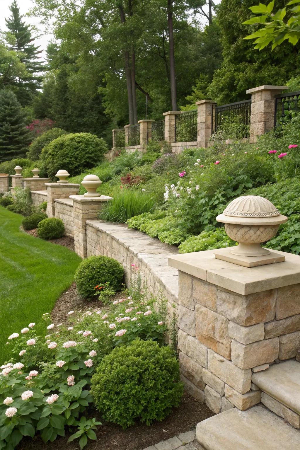 Custom carved stone caps transform walls into art pieces.
