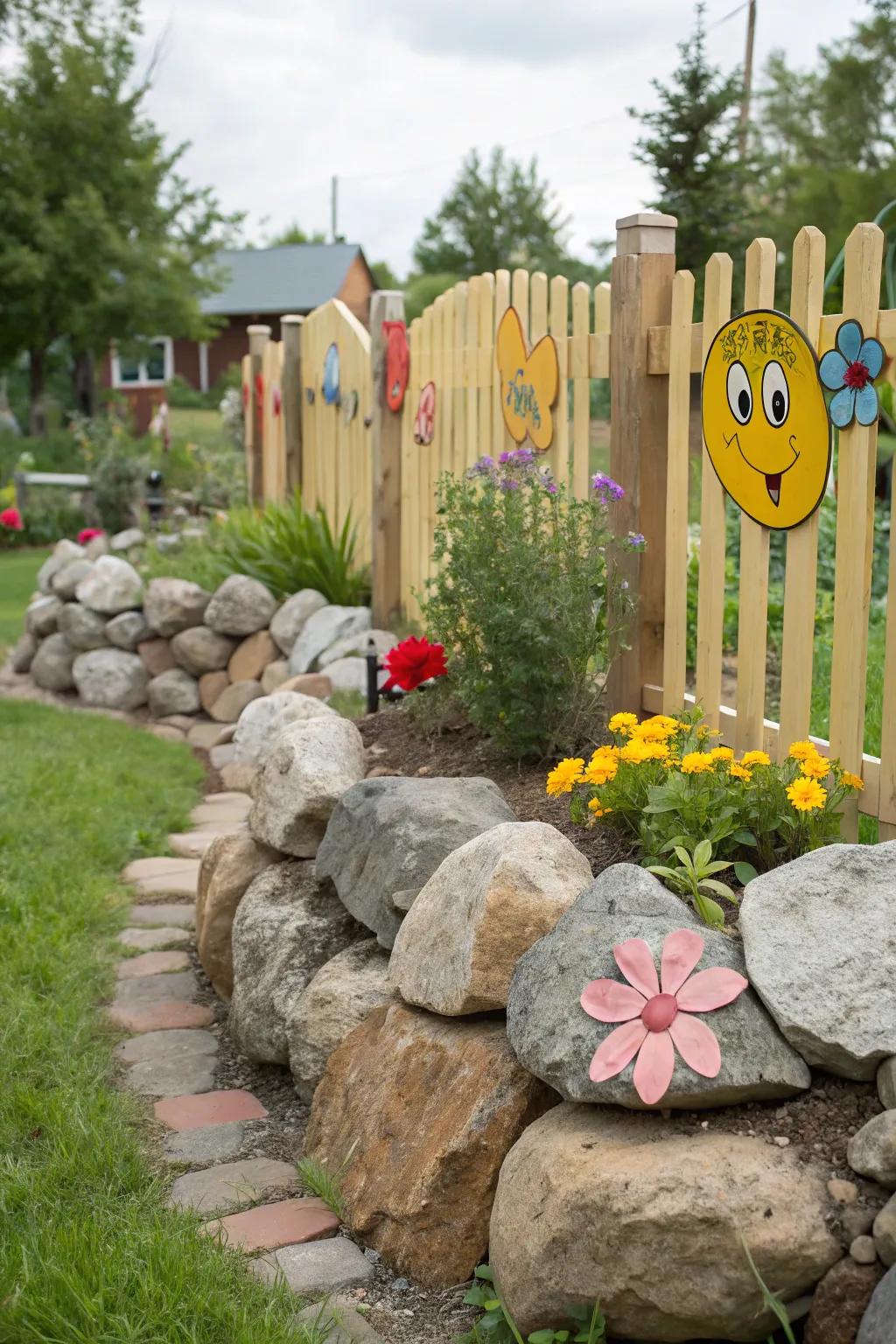 A playful rock fence with whimsical and creative designs.