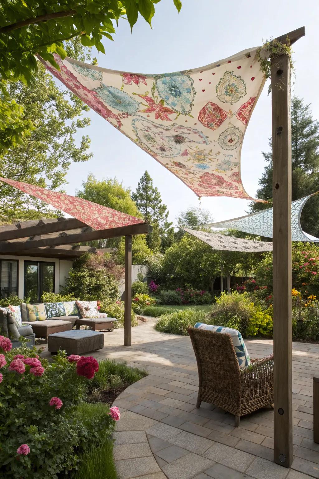 Fabric sails add a whimsical, playful touch to patios.