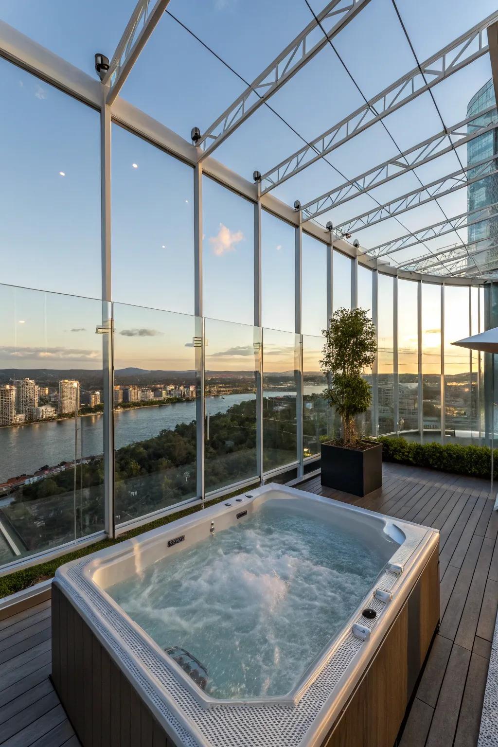 Enjoy unobstructed views with a rooftop jacuzzi enclosed by glass walls.