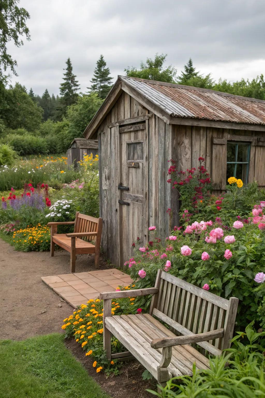 Wooden benches provide a nostalgic touch and seating around this shed.