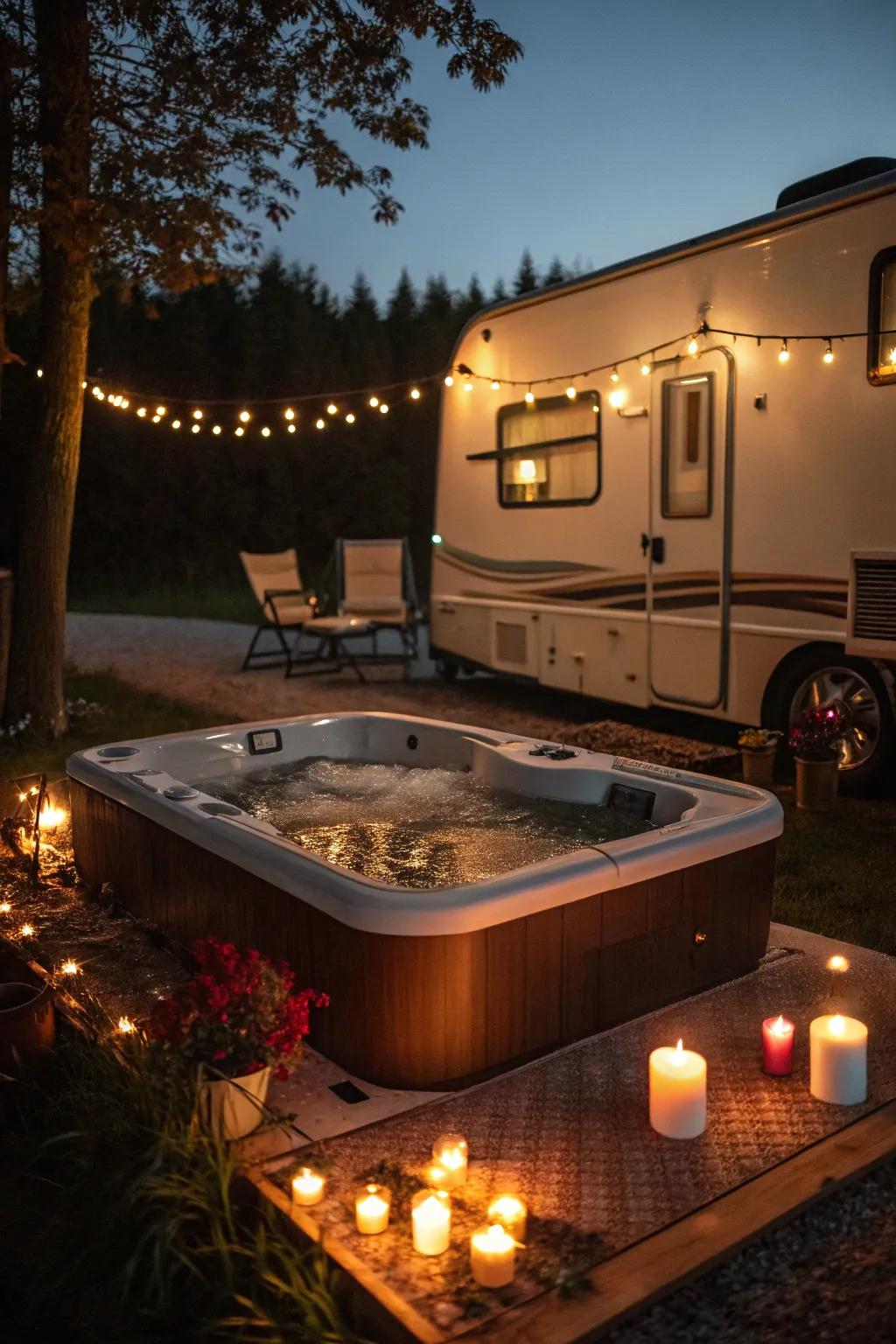 A portable hot tub offers a luxurious escape right outside your RV.