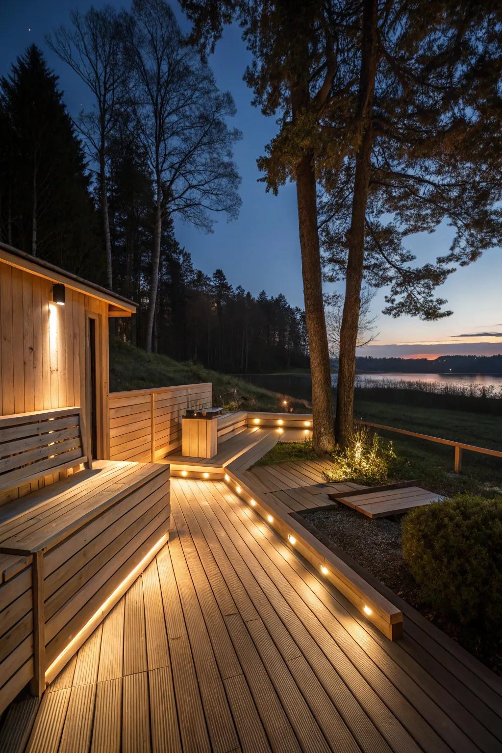 Solar lighting offers a sustainable way to light up your sauna deck.