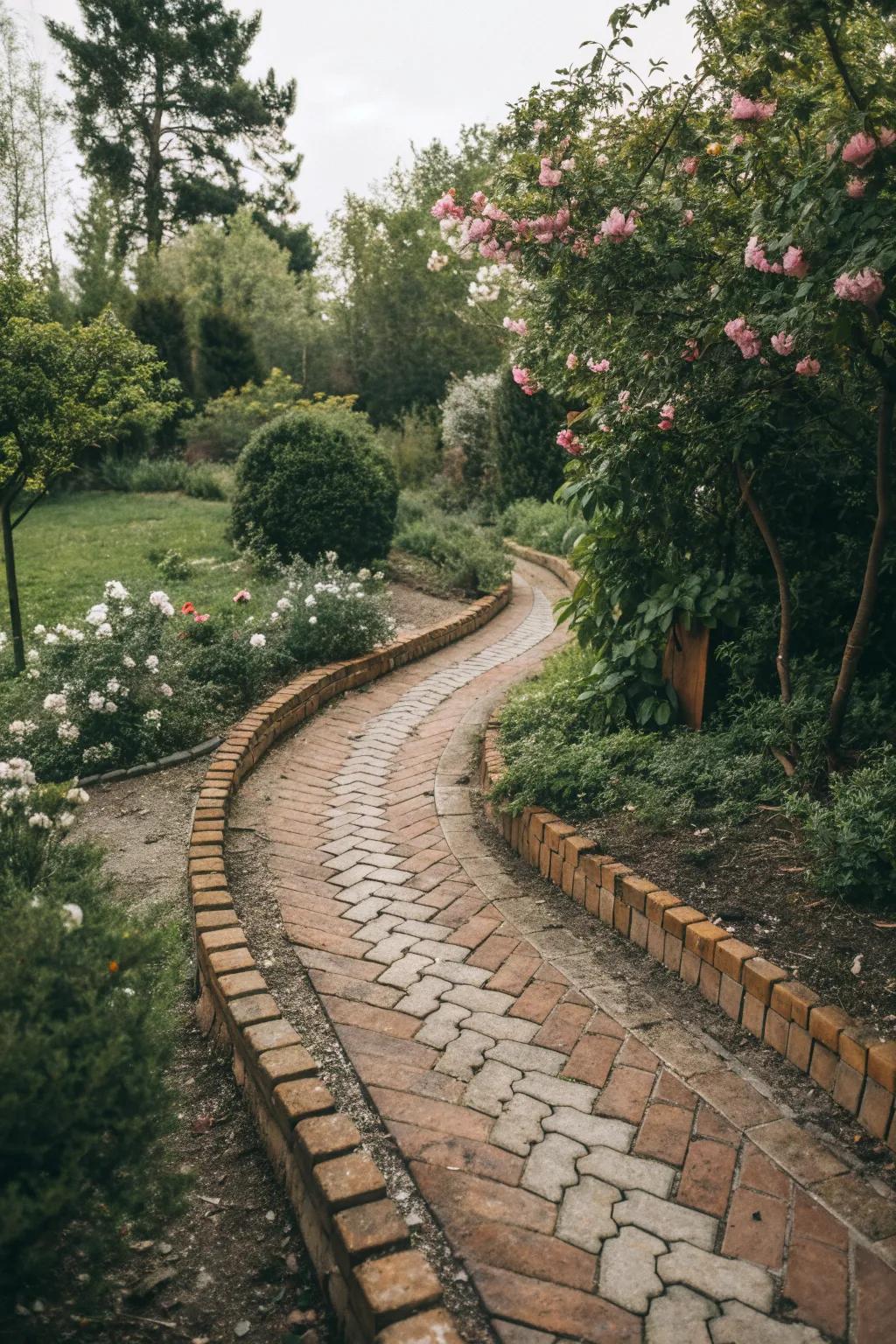 Rustic garden path edged with scalloped bricks.
