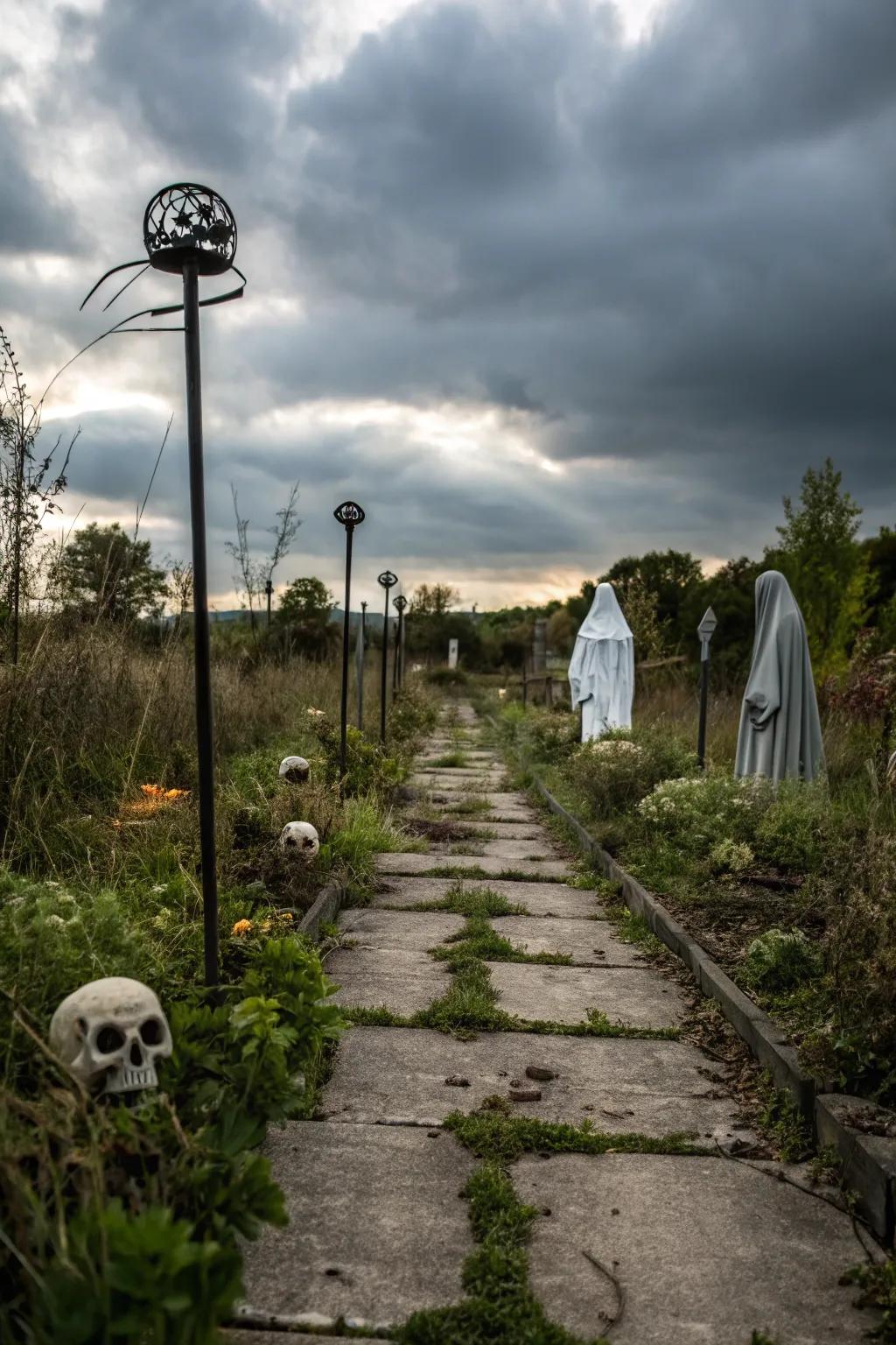 Eerie markers turn pathways into spooky adventures.