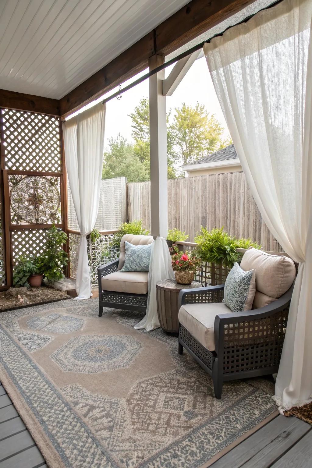 An outdoor rug adds texture and complements your curtains.