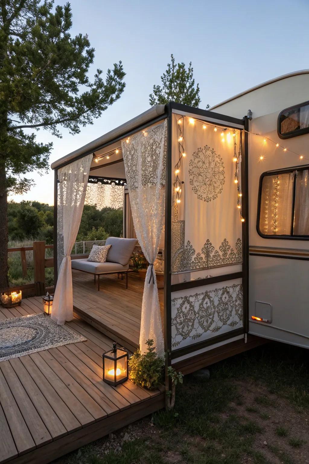 A camper deck featuring a stylish privacy screen for added intimacy.