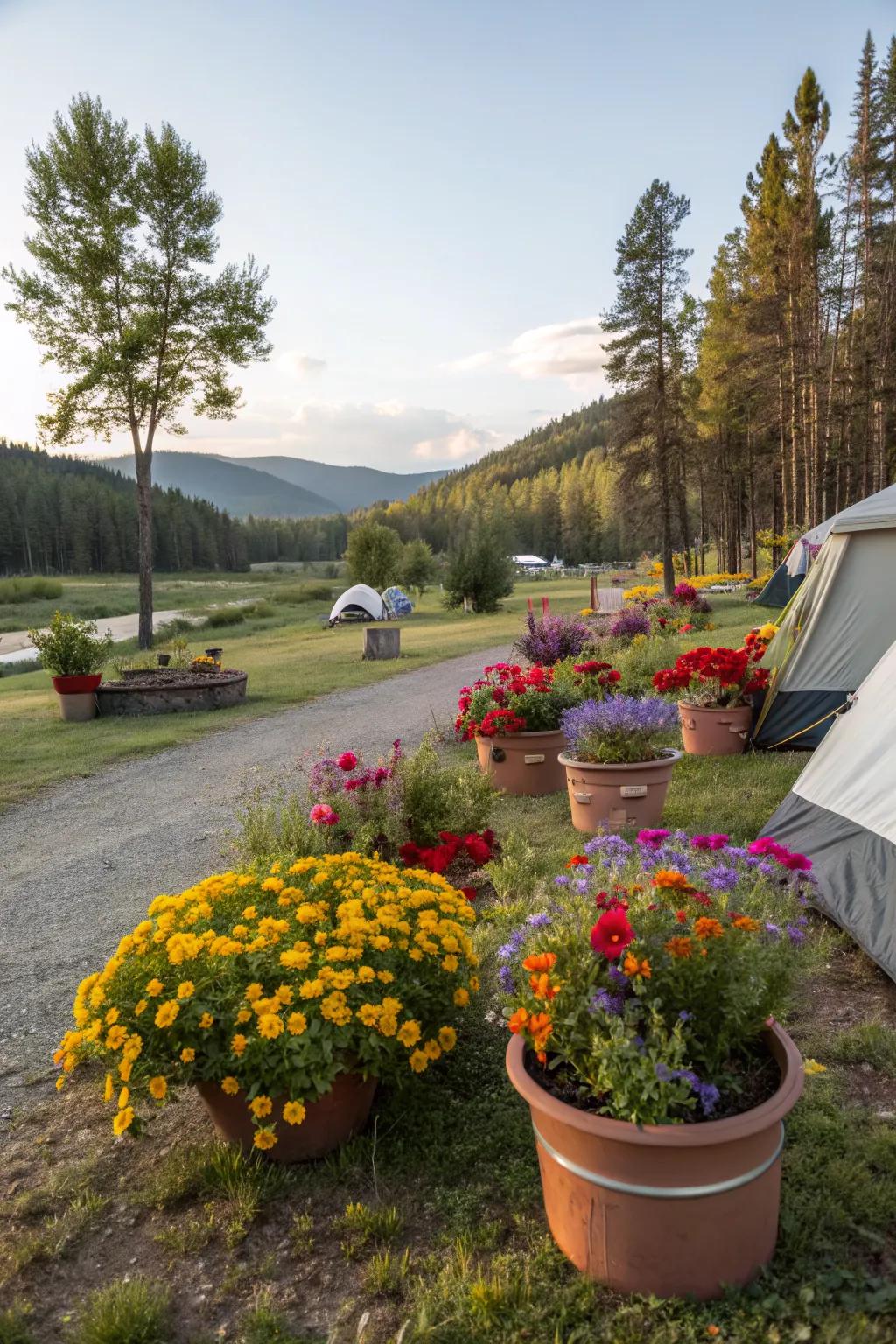Vibrant wildflowers adding natural beauty to the campsite.