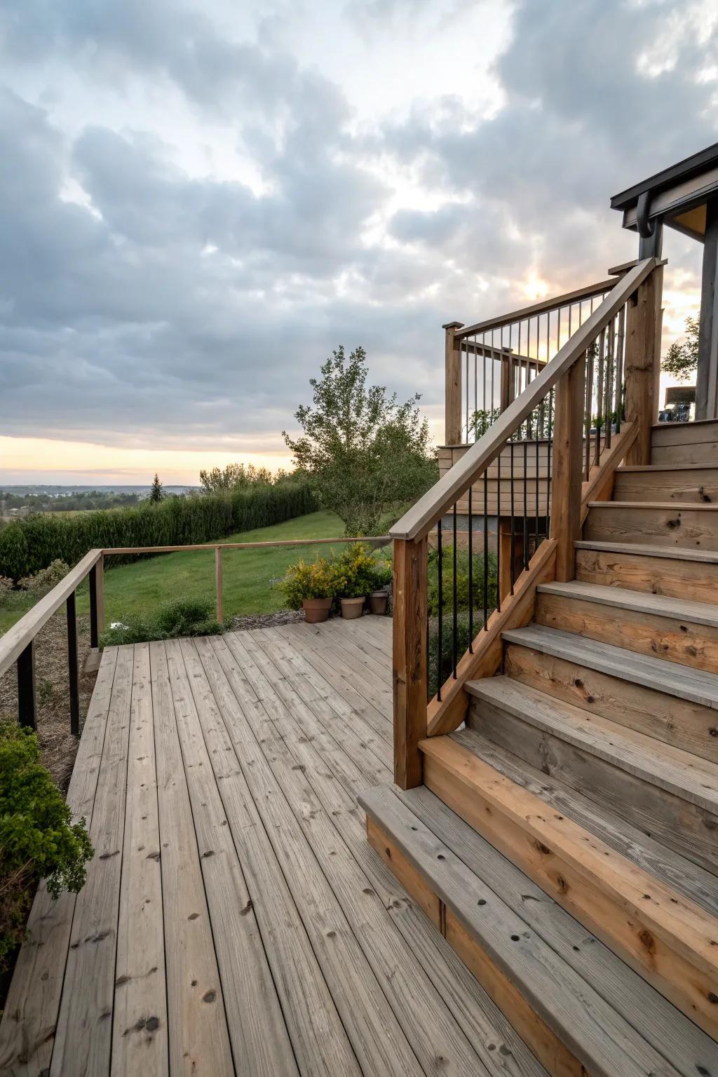 A second-story deck with stairs crafted from beautiful reclaimed wood.