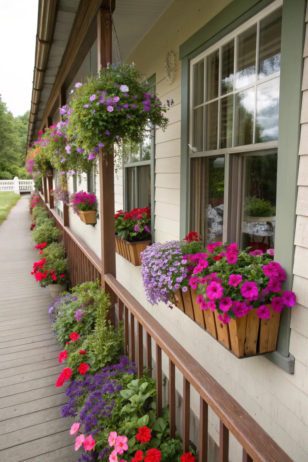 Window boxes filled with blooms add vibrant color to a shabby chic porch.