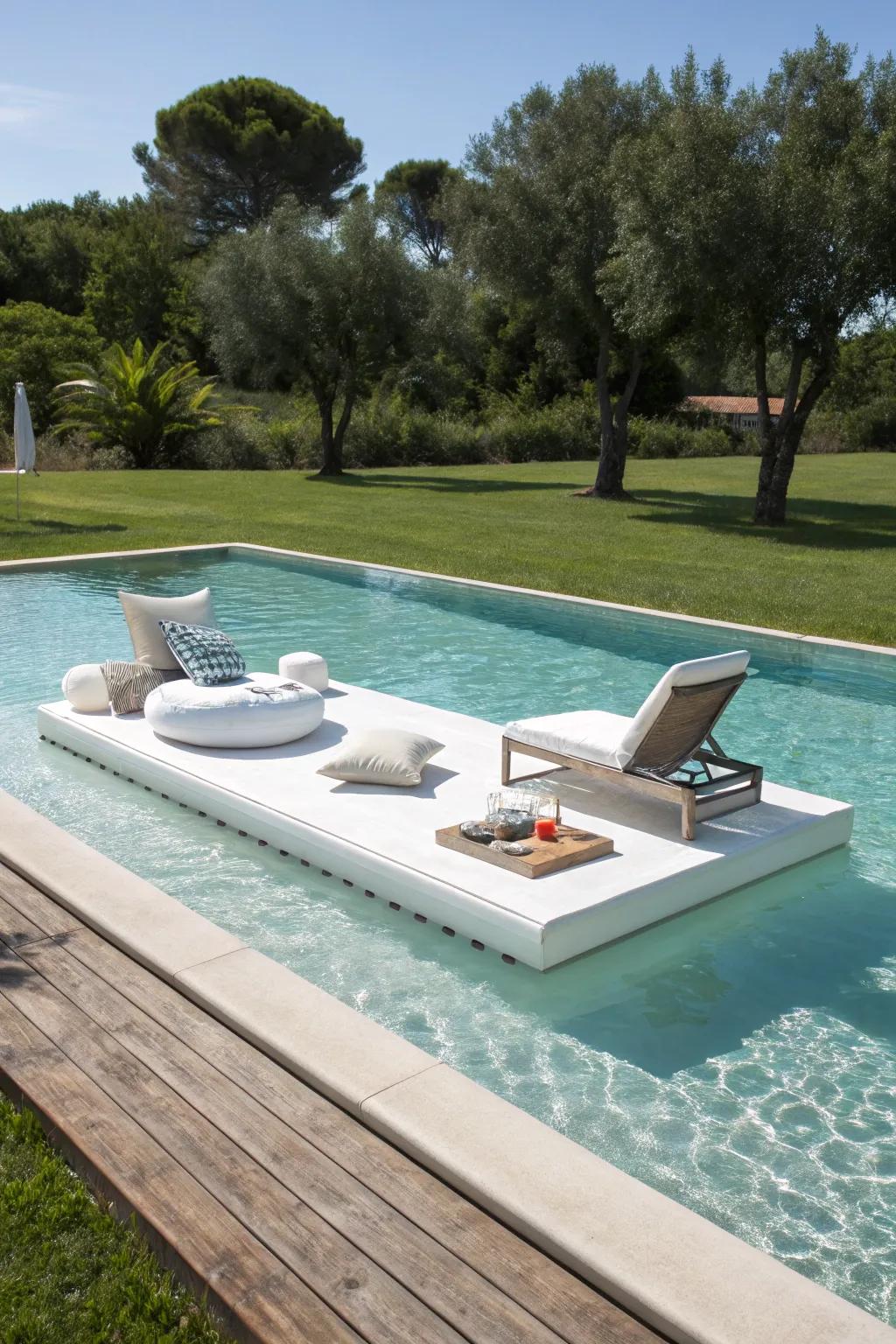 A shallow pool with a stylish floating deck for modern appeal.