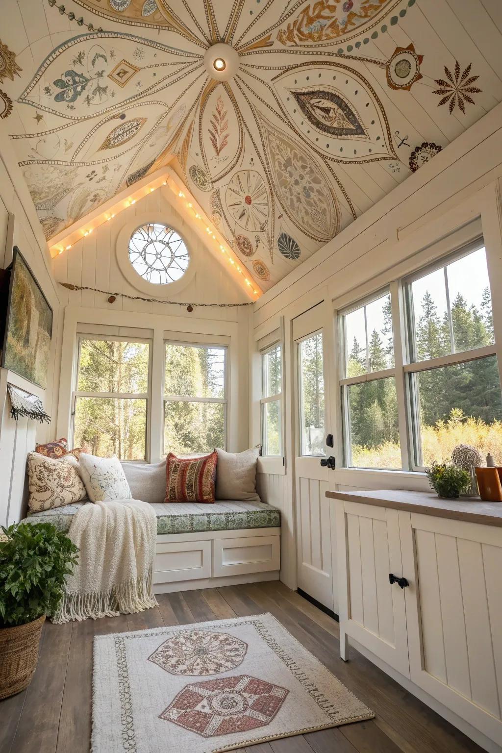 A she shed with an artistic ceiling installation.