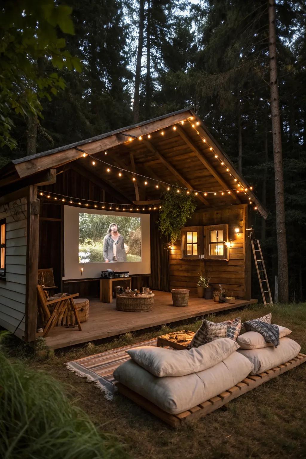 An enchanting outdoor cinema at a shed cabin
