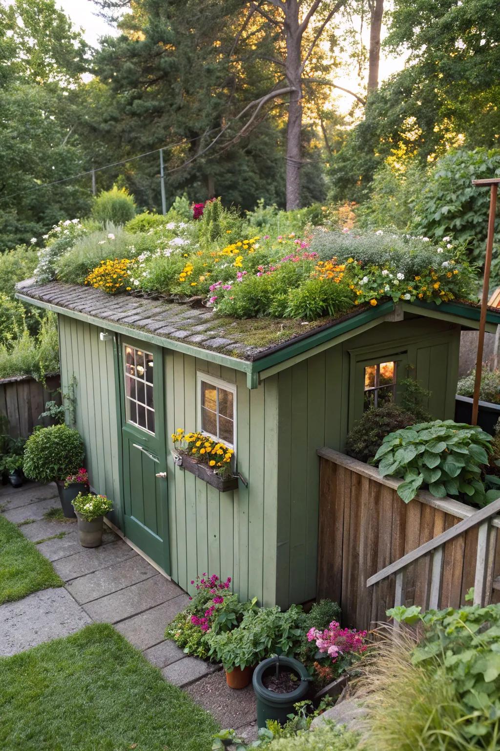 A shed creatively topped with a lush rooftop garden.