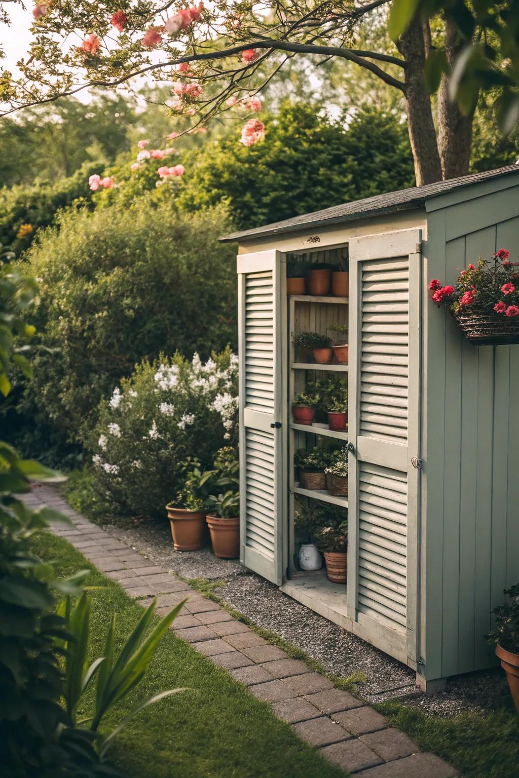 Shutters with shelves offer style and functionality.