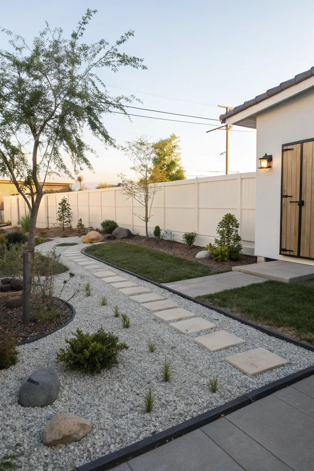 A Zen-inspired front yard that offers tranquility and simplicity.