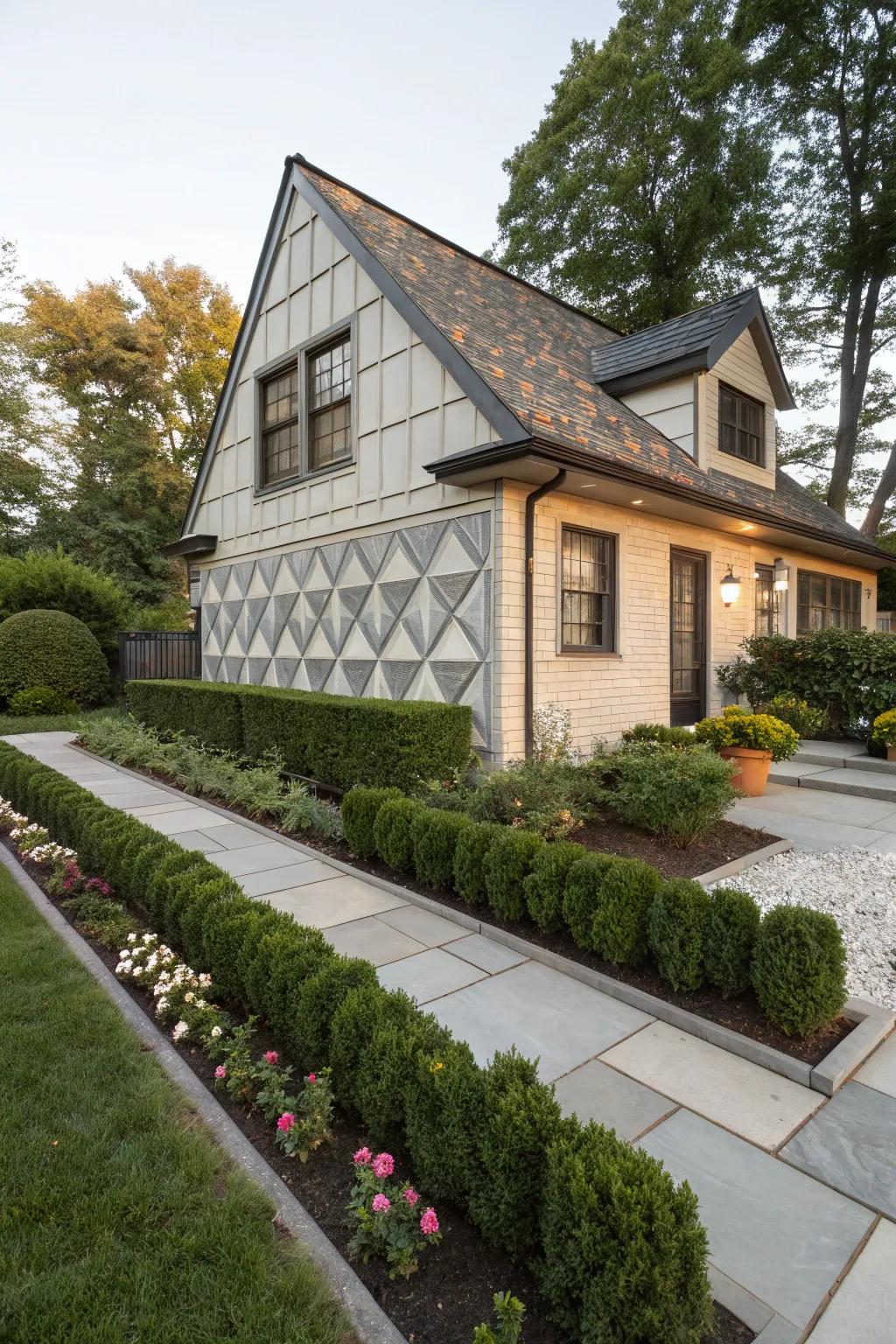 Geometric siding design adds a modern flair to this architectural gem.