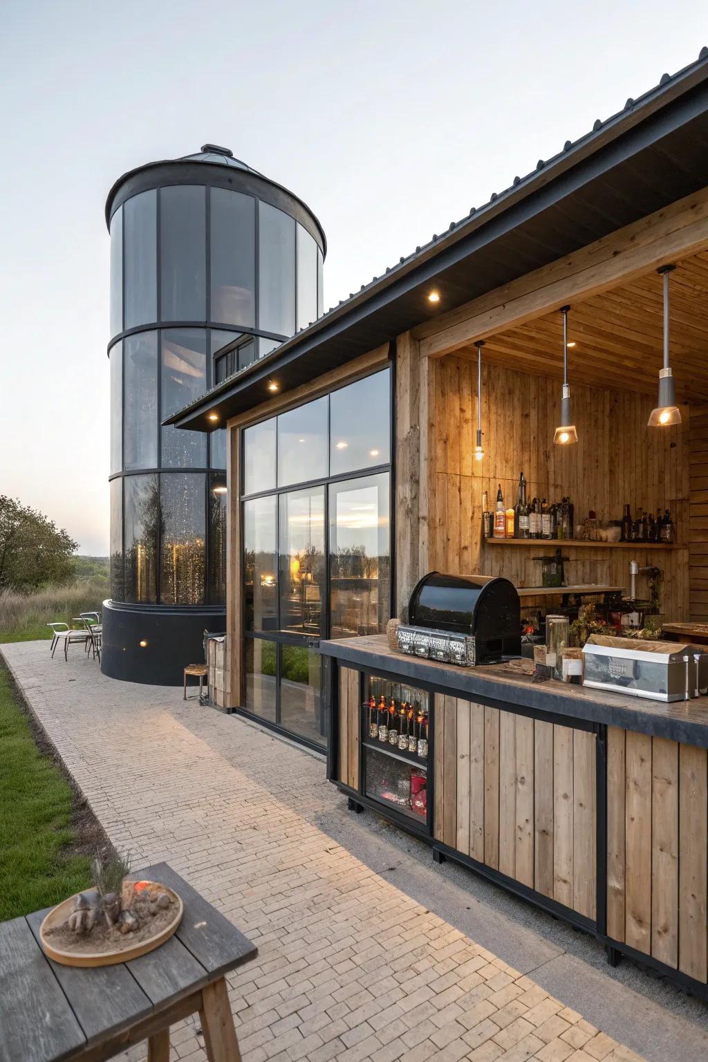 An outdoor barbecue station complementing a silo bar setup.