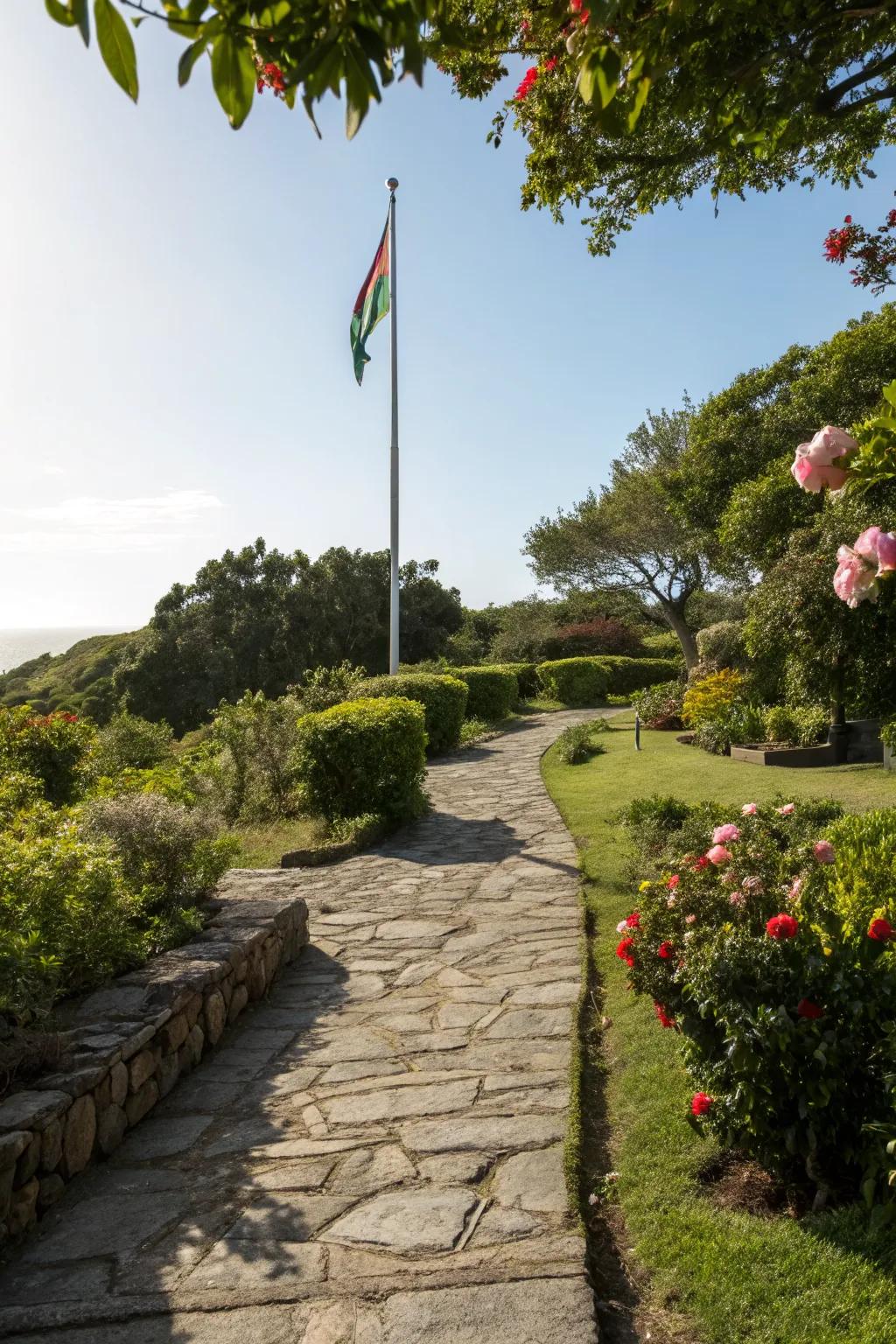 A pathway invites exploration and enhances the flagpole's accessibility.