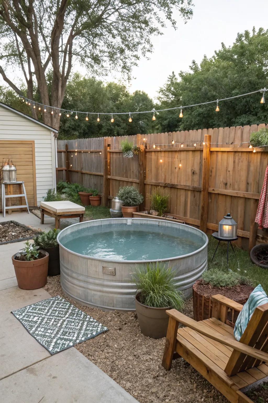 A charming DIY stock tank pool perfect for budget-conscious homeowners.
