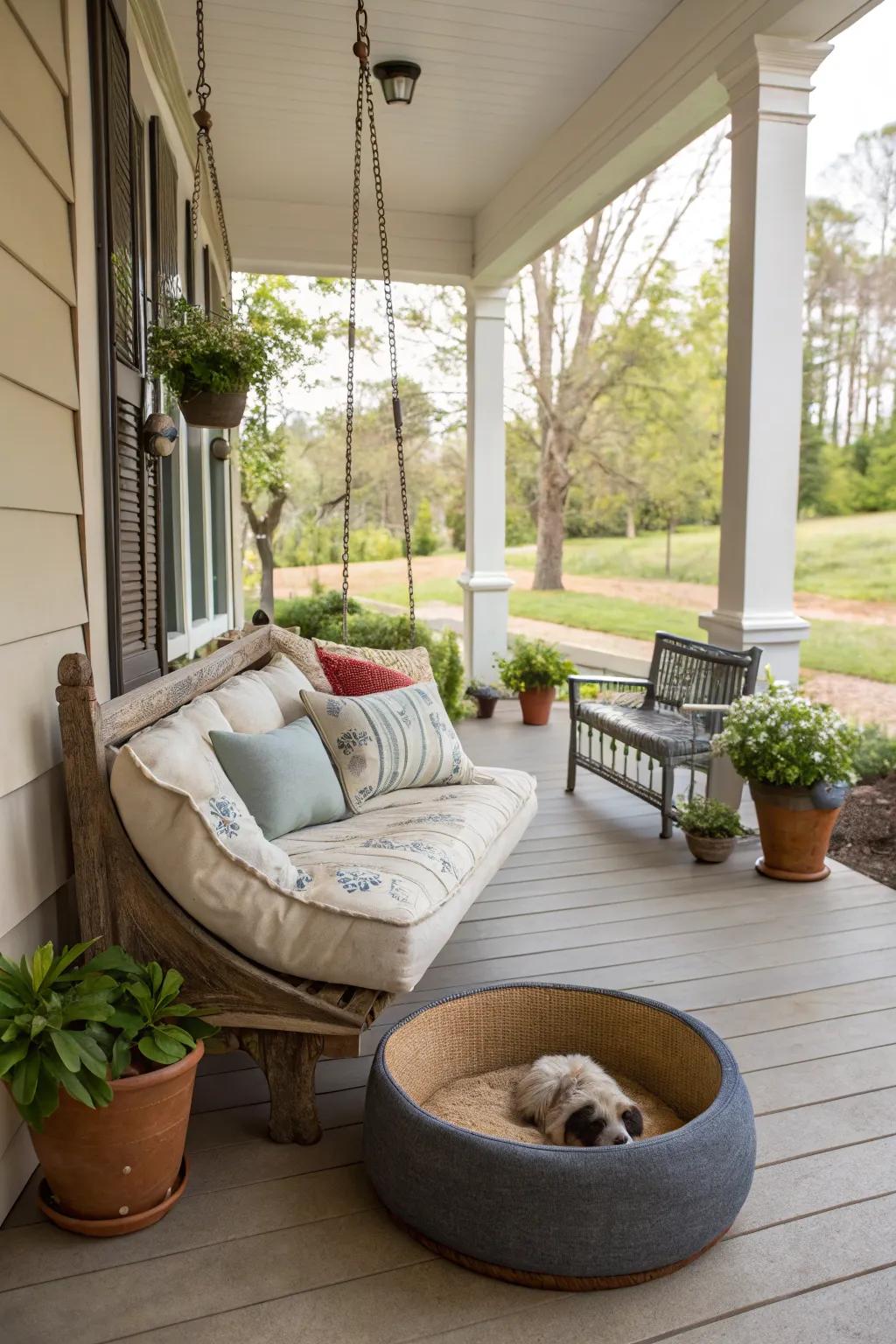 A pet-friendly porch space ensures your furry friends feel welcome too.