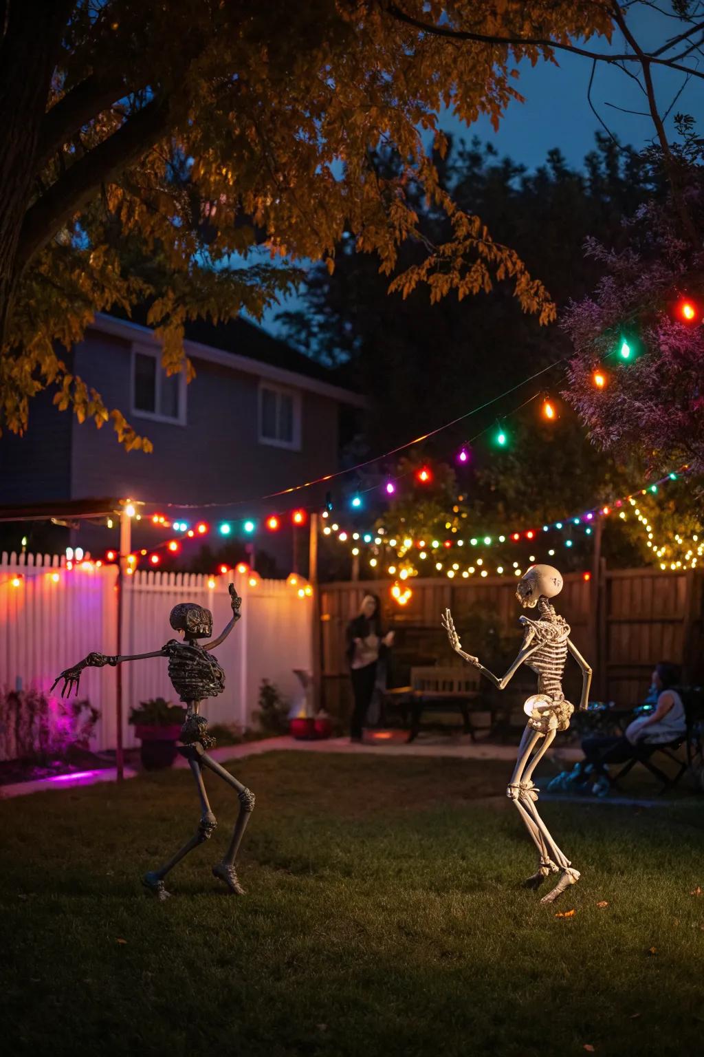 Dance party skeletons celebrating Halloween with rhythm and flair.