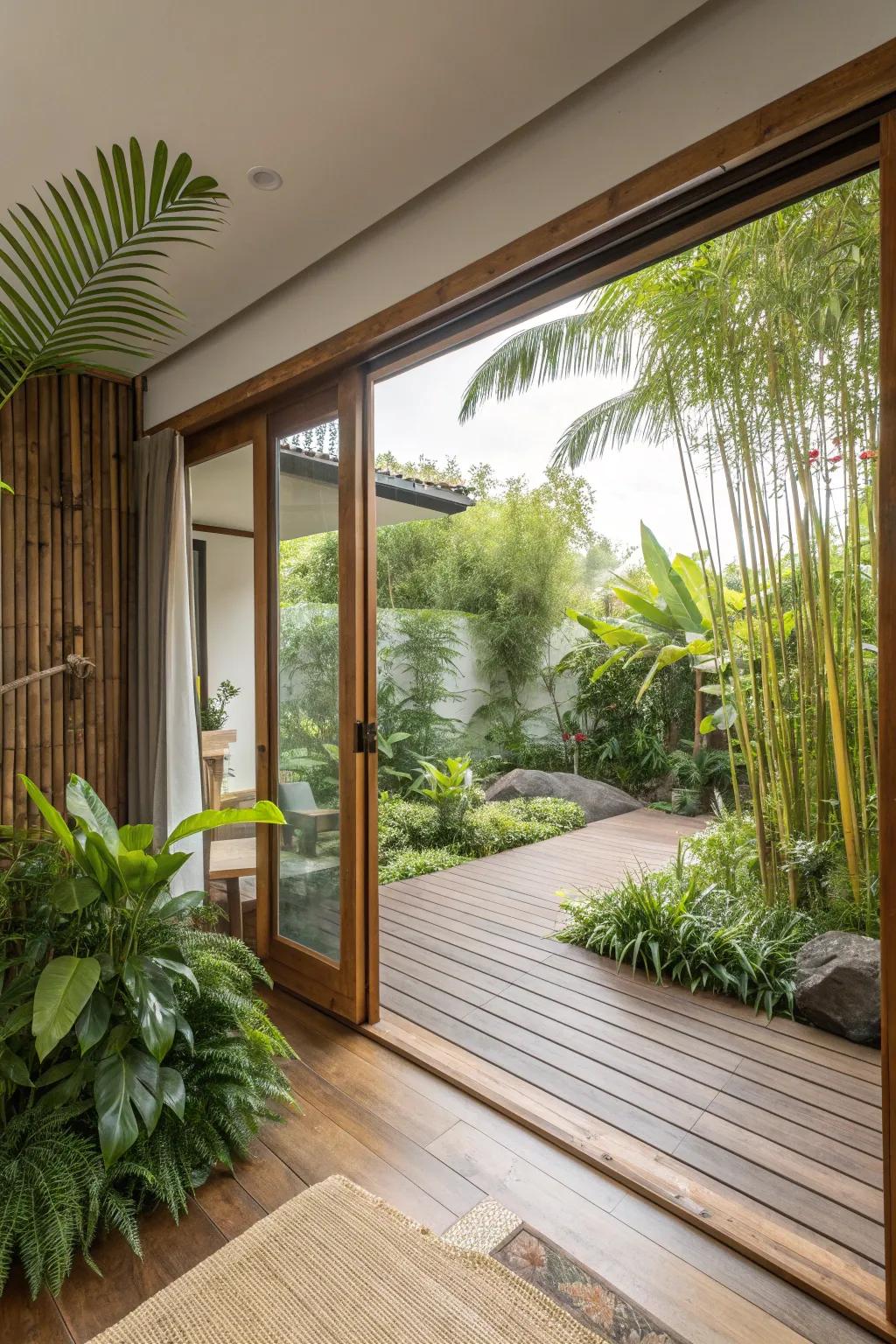 A tropical oasis deck with lush plants and bamboo elements creates a mini paradise.