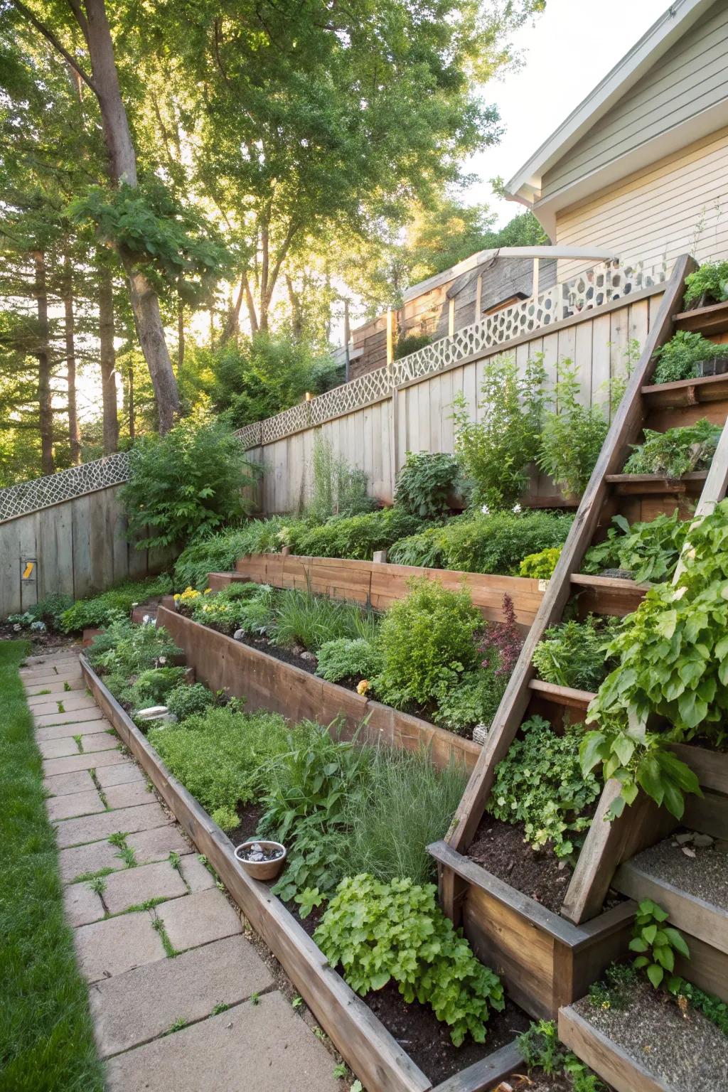 A vertical garden adds greenery and maximizes space on a slope.