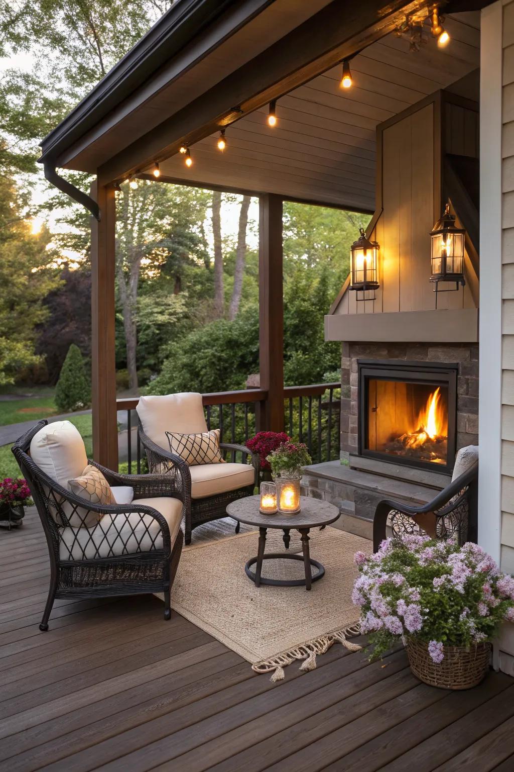 An outdoor fireplace creates a warm and inviting gathering spot.