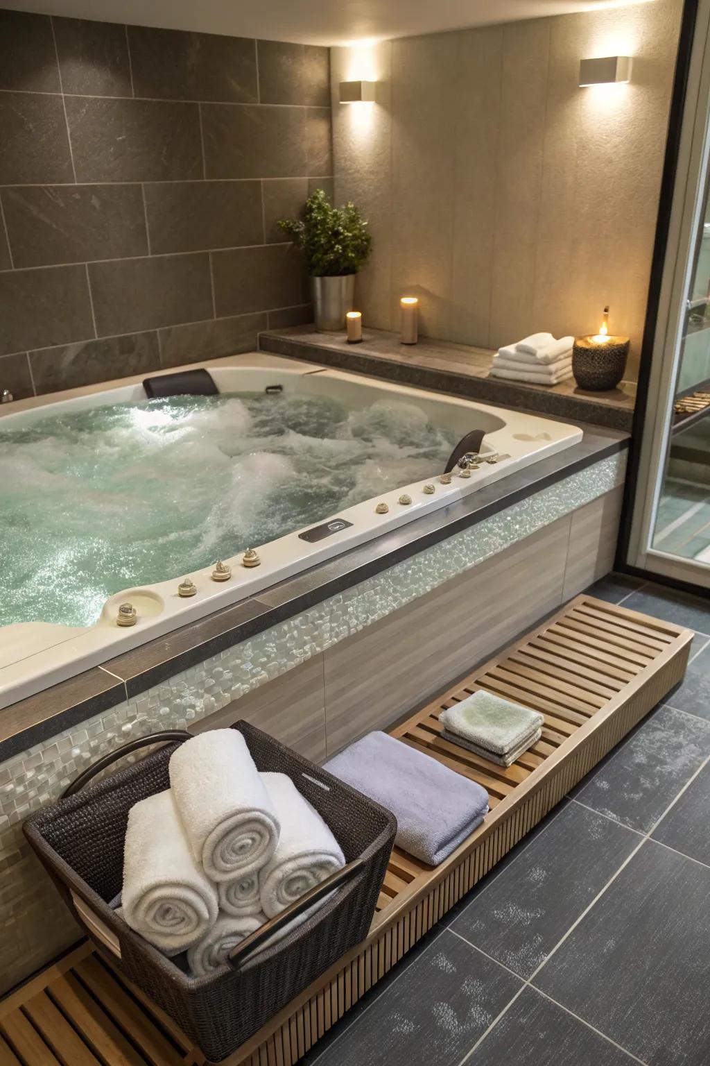 Functional storage solutions keep your jacuzzi area organized and tidy.
