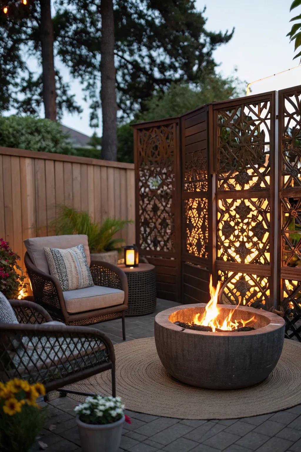 Secluded and intimate fire pit area with a privacy screen.