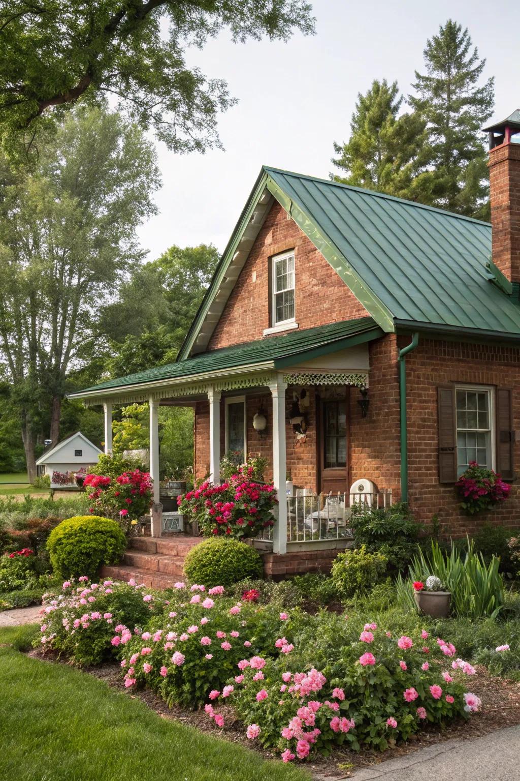 A small brick house with an eco-friendly green roof adding beauty and function.