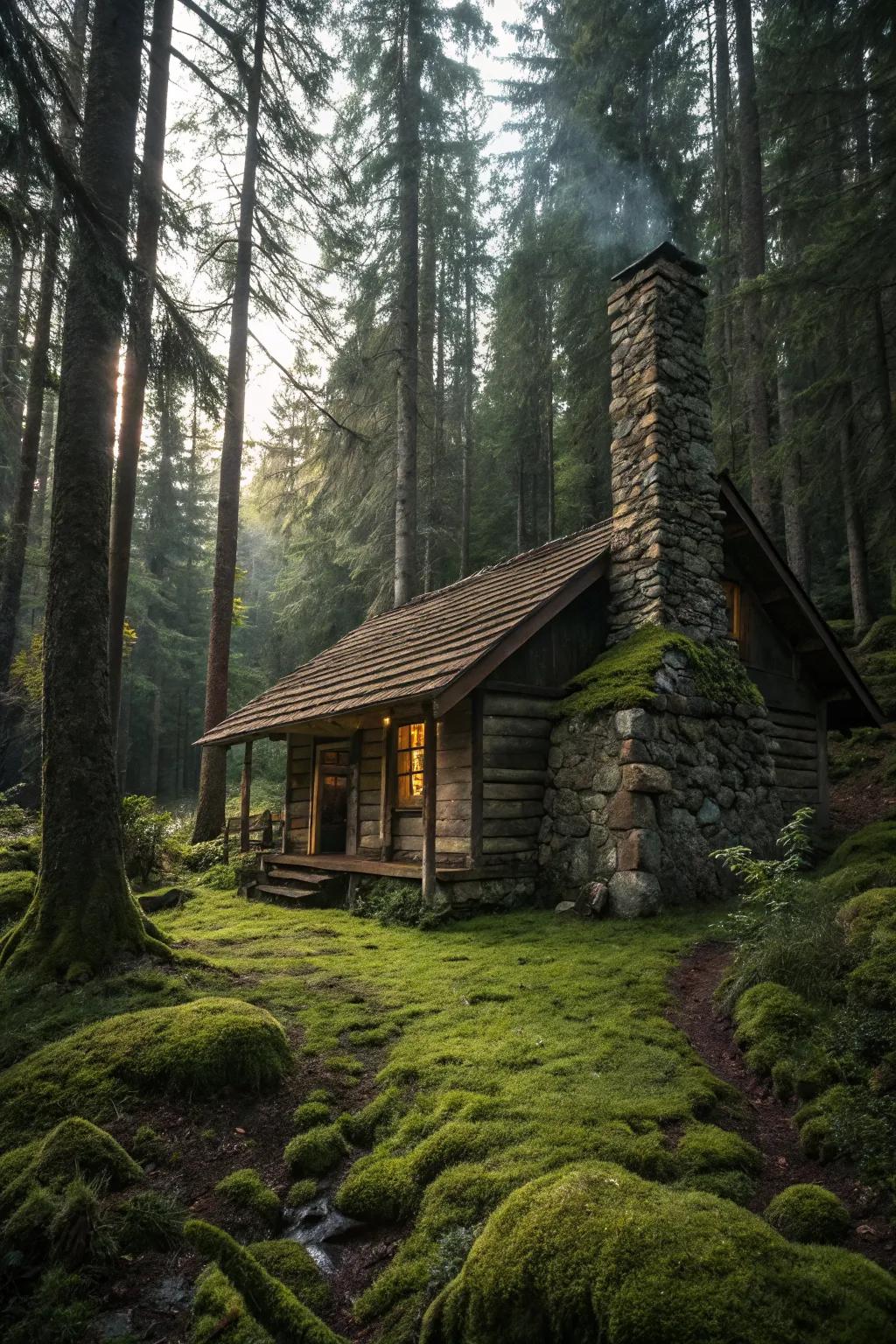 A cabin featuring a classic stone chimney that adds rustic charm.