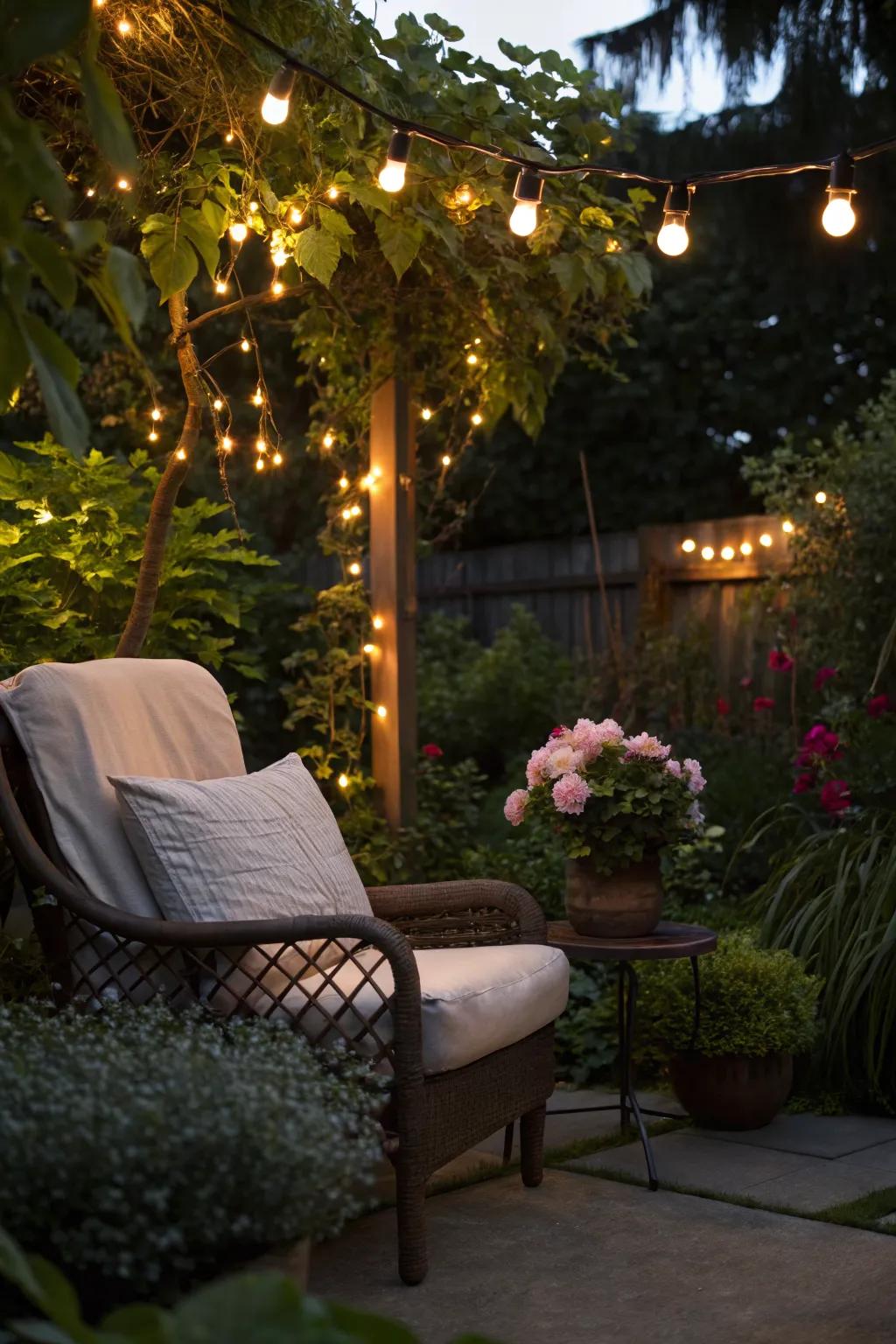 Fairy lights transform a garden corner into a magical lounge.