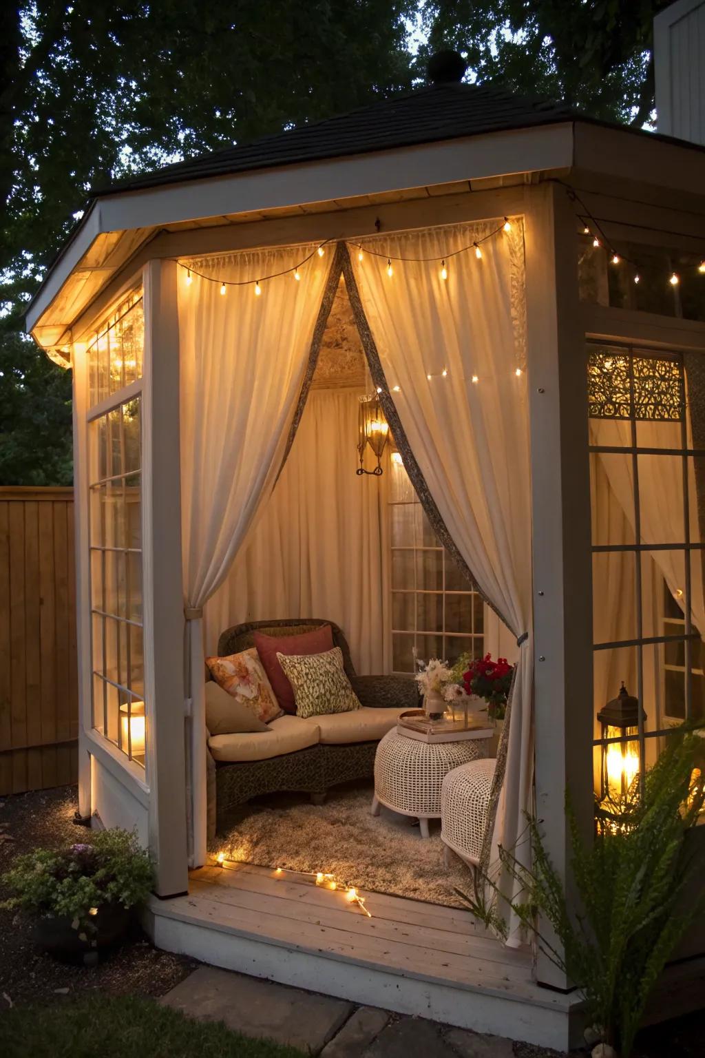 Layered curtains add privacy and style to this porch.