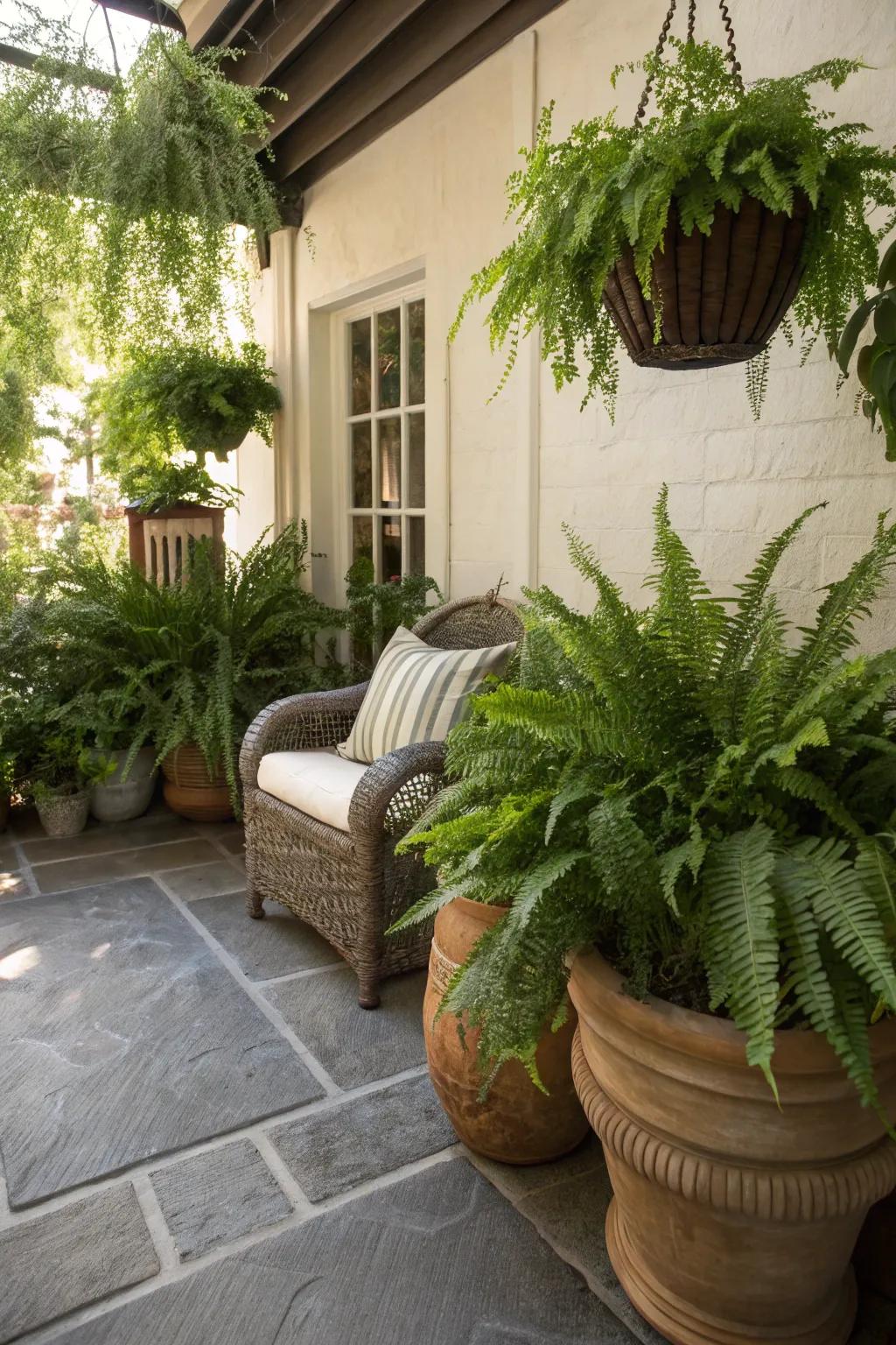 A cozy patio corner transformed with lush ferns.