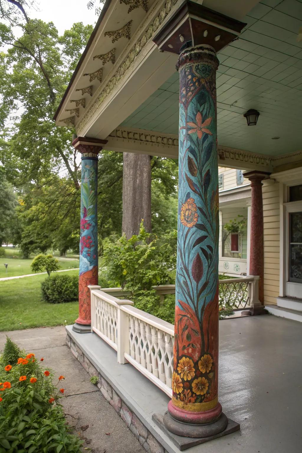 Artistic murals on columns make a unique visual statement on this creative porch.