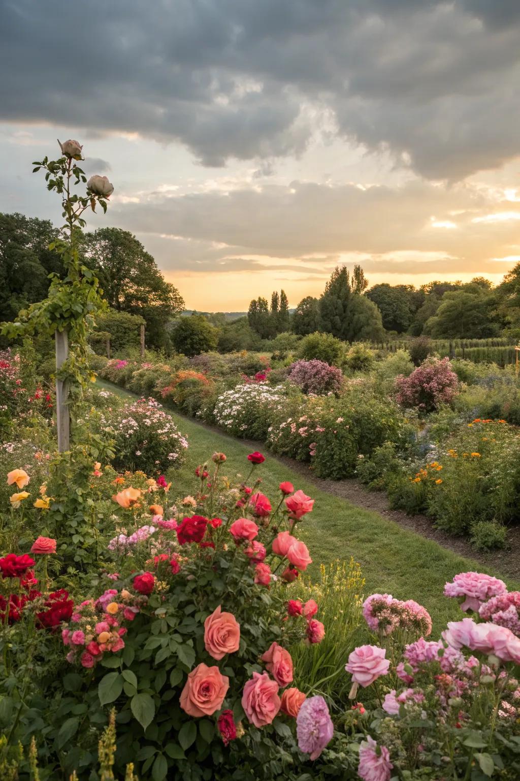 A garden vibrant with a mix of roses and seasonal blooms.