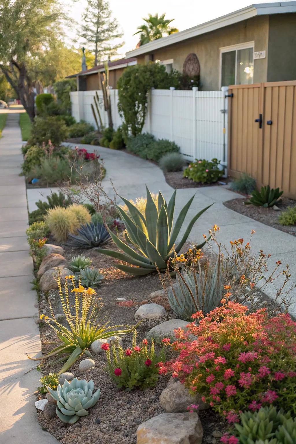 Seasonal blooms keep a xeriscape vibrant.