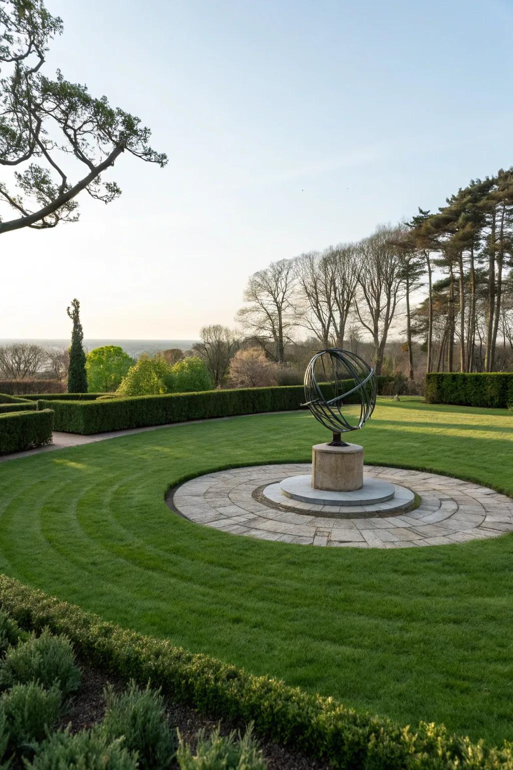 A contemporary sculpture adds an artistic touch to the circular lawn.