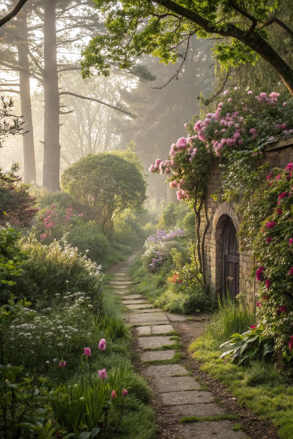 A mysterious garden pathway leading to a hidden retreat.