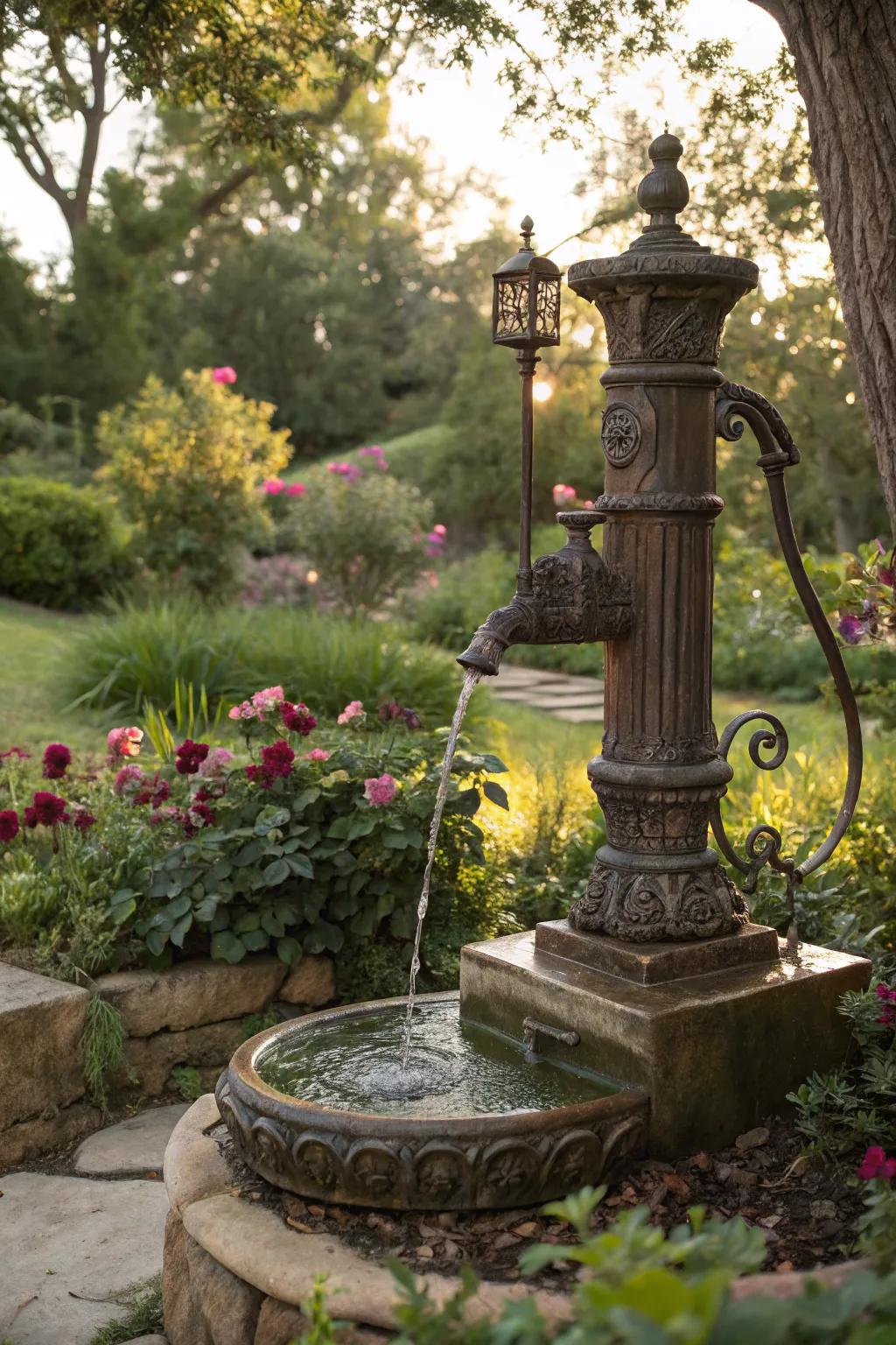 An antique water pump adds nostalgic charm.
