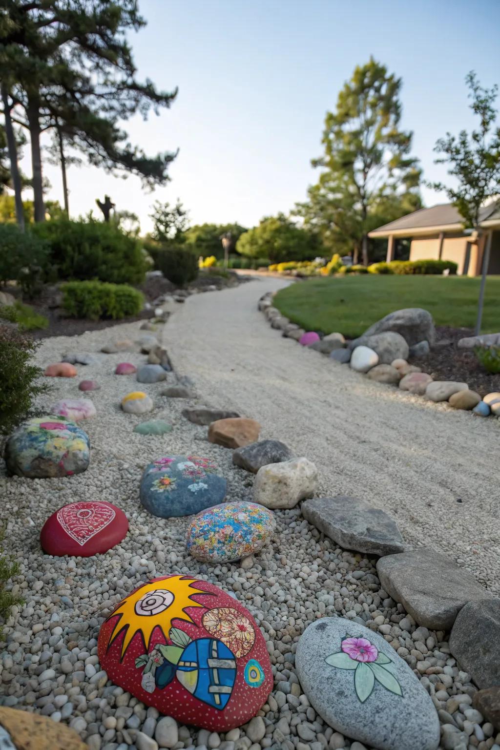 Painted rocks add a whimsical and personal touch to gravel gardens.