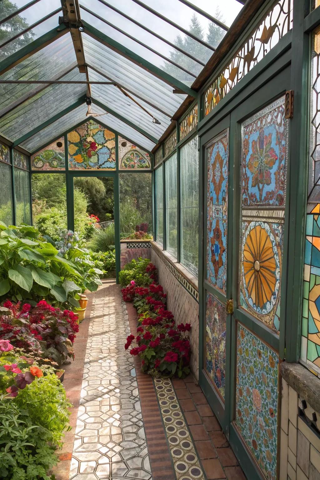 An artistic greenhouse featuring stained glass and mosaic tiles for a unique look.