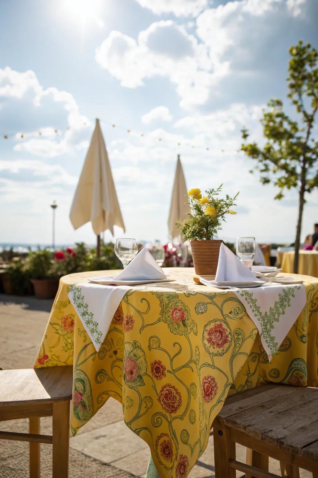 Colorful linens add a cheerful touch to outdoor dining settings.