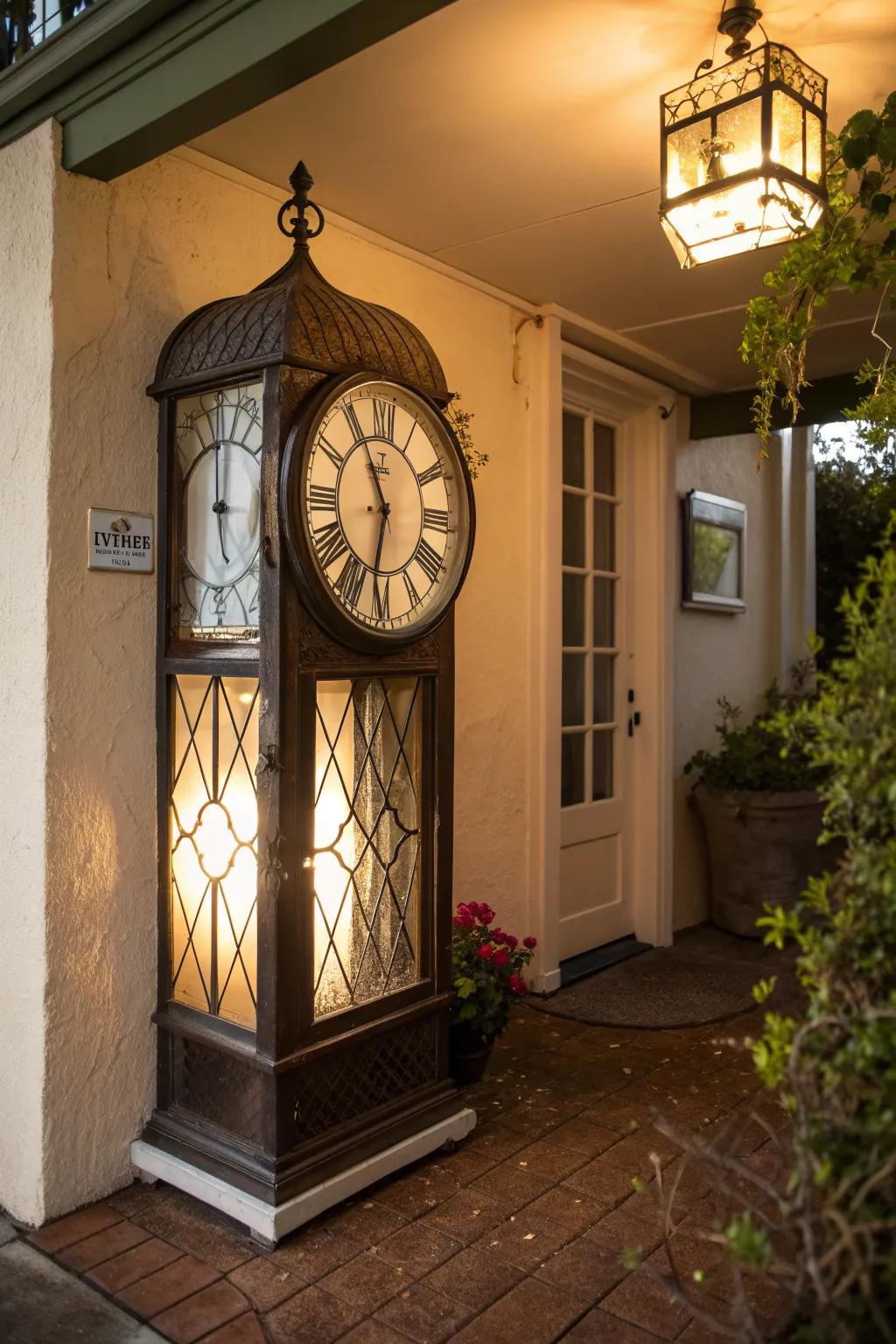 A charming outdoor clock adds style and functionality.