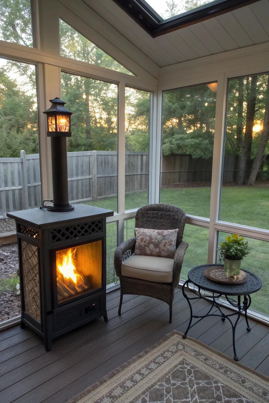 Eco-friendly features like a solar-powered fireplace make this porch stand out.