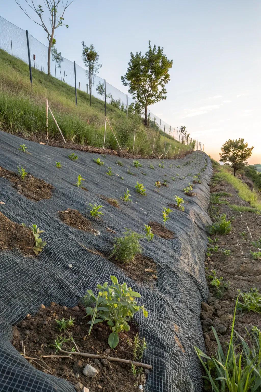 Erosion control fabrics help stabilize slopes.